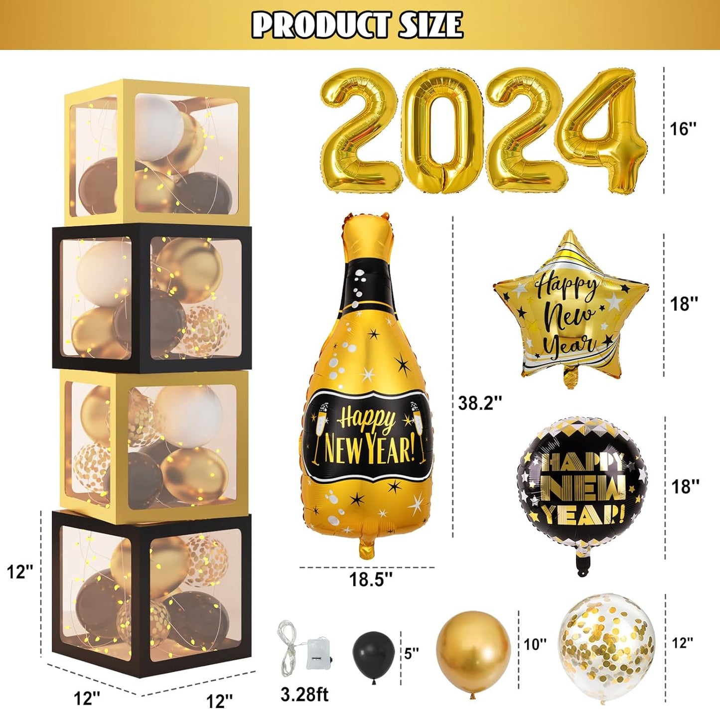 New Years Eve Party Supplies with Black and Gold Garland Arch Kit New Year Balloon Boxes 2024 Champagne Foil Balloons for Happy New Year Birthday Party Decor Backdrop