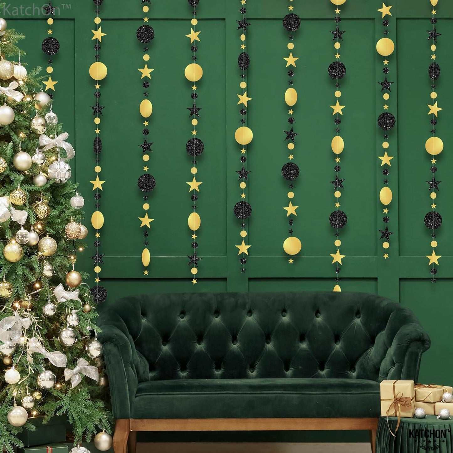 Glitter Happy New Year Garland - 42 Feet, Pack of 3 | Happy New Year Star and Moon Garland Banner for New Years Eve Party Supplies 2024 | Happy New Year Decorations 2024, NYE Decorations 2024