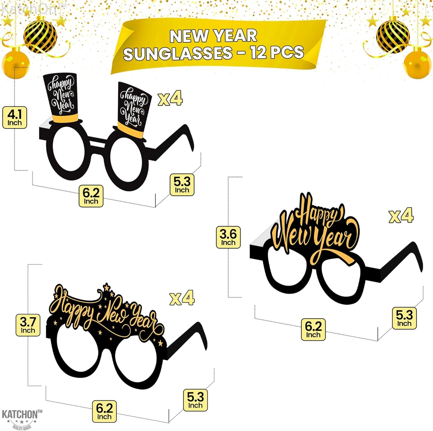 , Happy New Year Glasses 2024 - Pack of 12 | New Years Eve Glasses, New Years Eve Party Supplies 2024 | Happy New Years Party Glasses for Happy New Years Decorations 2024 | NYE Party Supplies