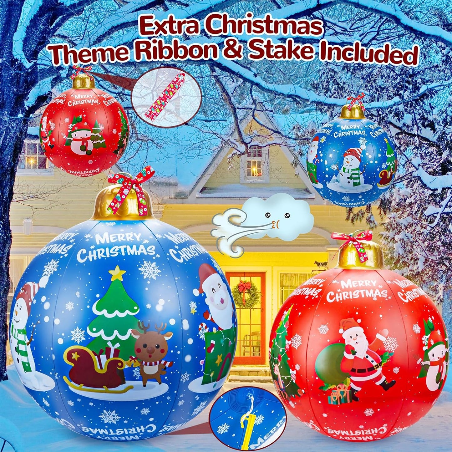 Inflatable Christmas Balls with 2 Christmas Ribbon, 24'' Giant Christmas Inflatable Decorations Ornaments Ball, Christmas Decorations Ball for Outside Indoor Holiday Yard Lawn Decor, Red&Blue
