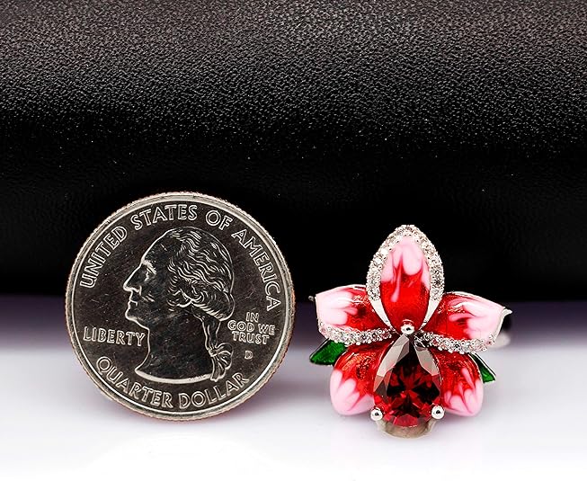 Girl's Beautiful Red Enamel Rose Ring for Women Blossom Flower