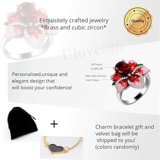 Girl's Beautiful Red Enamel Rose Ring for Women Blossom Flower