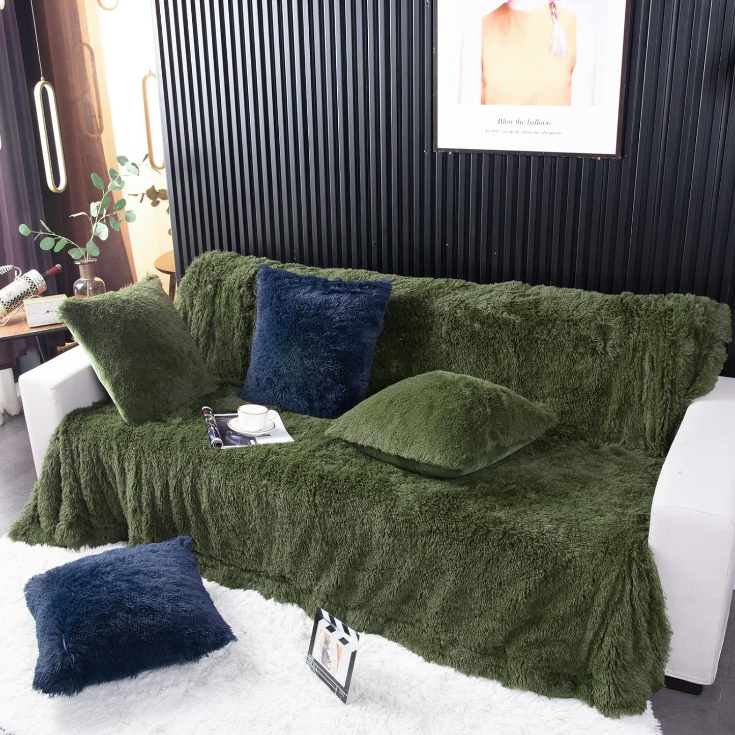 Olive Green Faux Fur Throw Blanket,2 Layers,50" x 60" Cozy Plush Fluffy Blanket Furry Fuzzy Warm Cute Shaggy Blanket for Fall Bed Living Room Décor Baby Women Pet