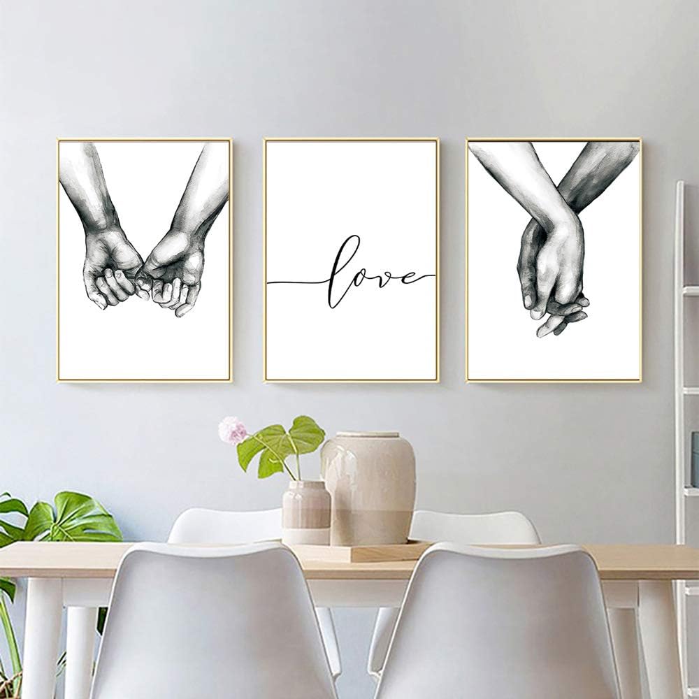 Love and Hand in Hand Wall Art Canvas Print Poster,Simple Fashion Black and White Sketch Art Line Drawing Decor for Home Living Room Bedroom Office(Set of 3 Unframed, 16x20 inches)