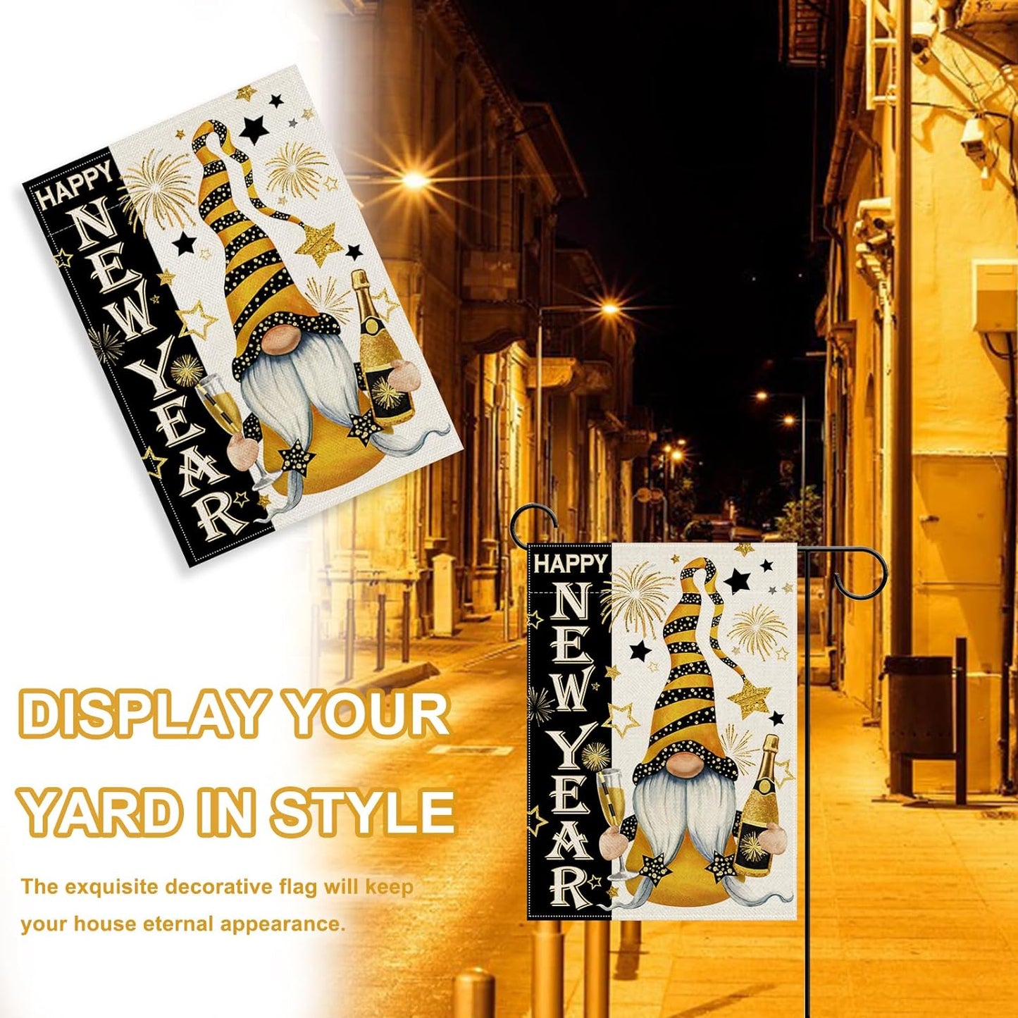 Happy New Year Gnome Decorative Garden Flag, Celebration Champagne Fireworks Stars Yard Outside Decorations, 2024 Black Gold Outdoor Small Burlap Home Decor Double Sided 12 x 18