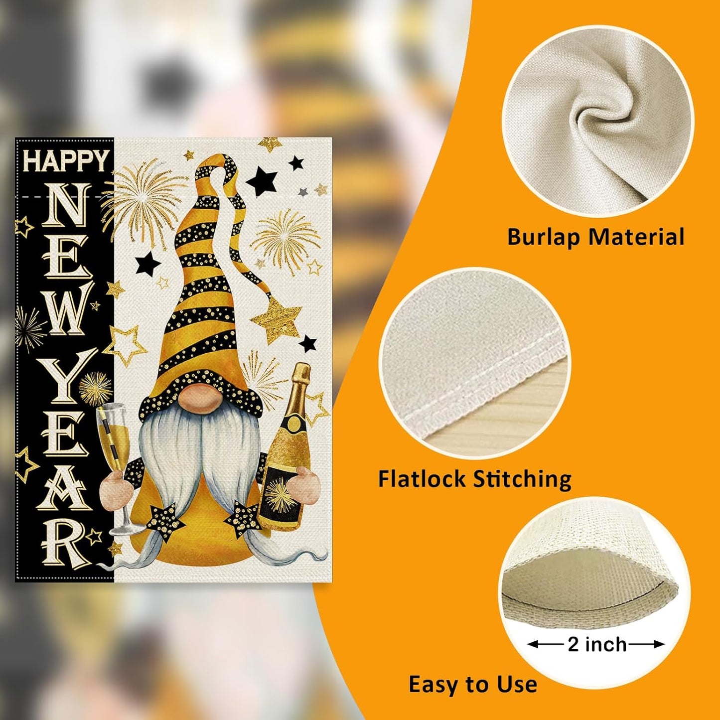 Happy New Year Gnome Decorative Garden Flag, Celebration Champagne Fireworks Stars Yard Outside Decorations, 2024 Black Gold Outdoor Small Burlap Home Decor Double Sided 12 x 18