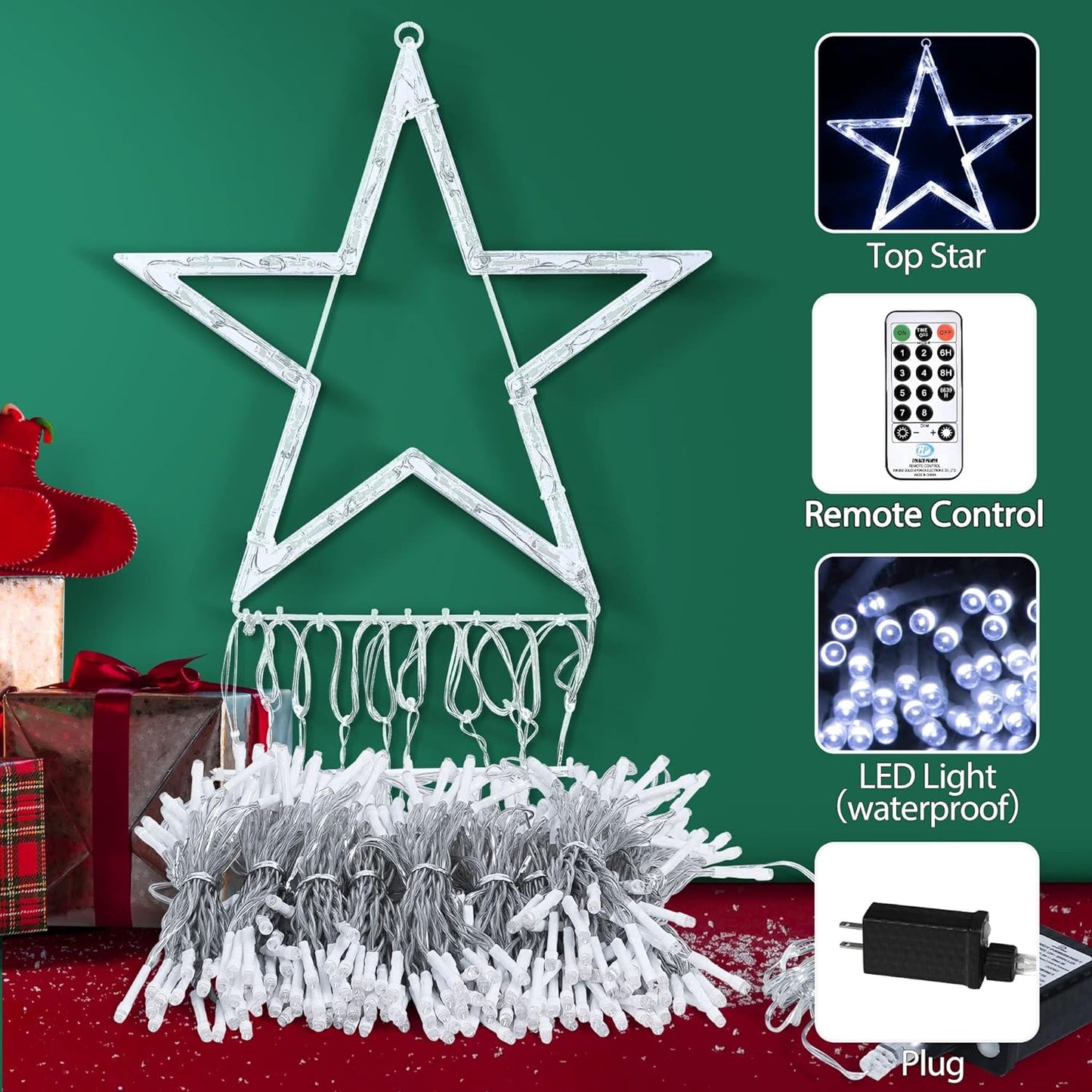 Christmas Lights 344 LED Star Lights 8 Lighting Modes Outdoor Tree Decorations for Christmas Yard, Garden, New Year, Holiday, Wedding, Party（Cold White）