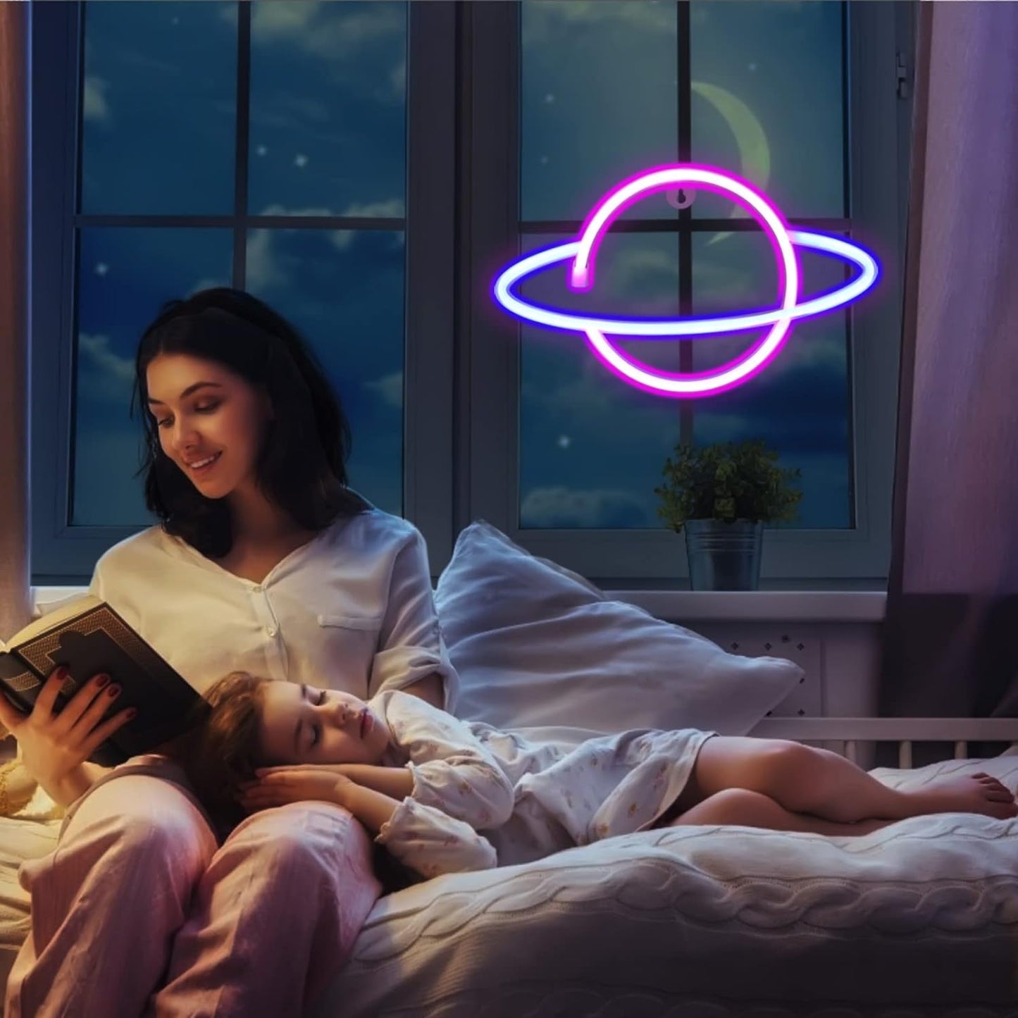 4 Pcs LED Decorative Neon Night Cloud Signs, Hanging Light Up for Bedroom, Room for Wall Decor Pink/Blue Planet