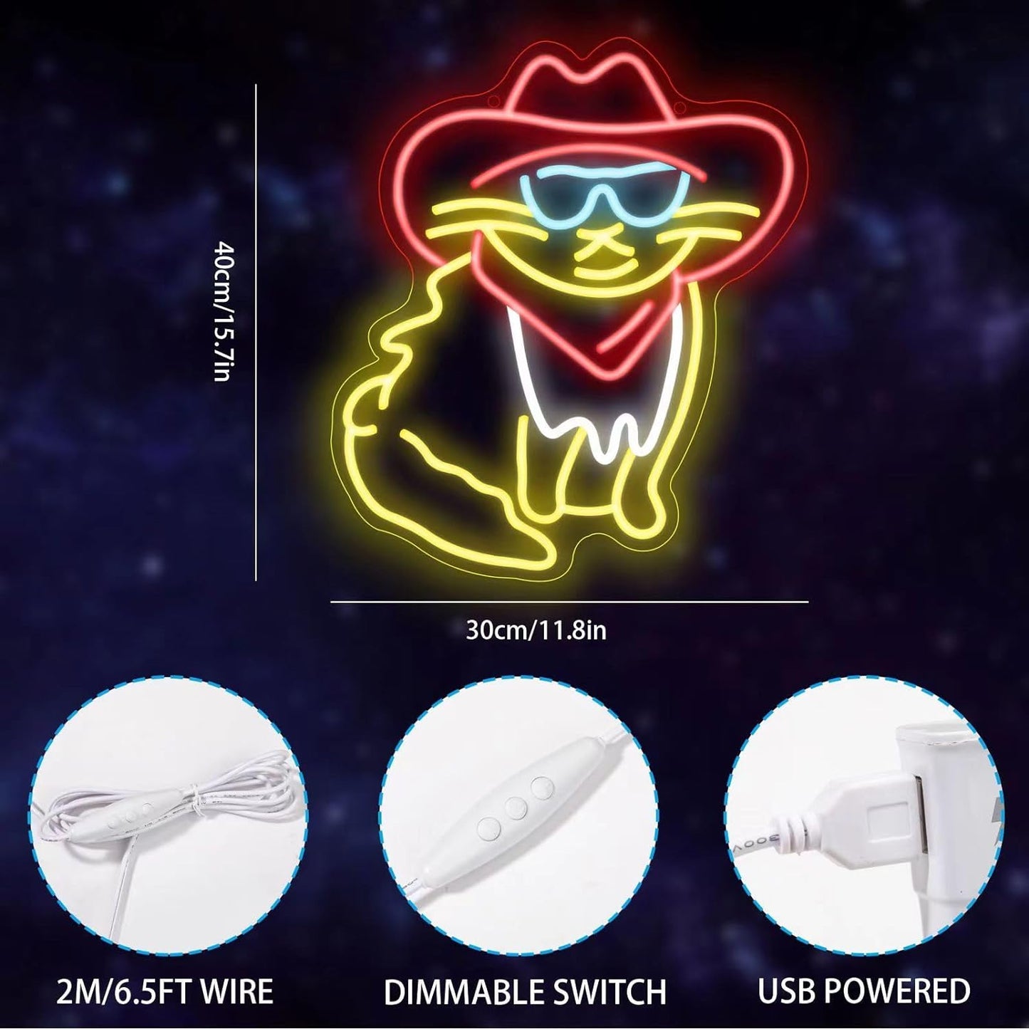 Cat Neon Sign for Wall Decor Cowboy Kit Led Neon Light for Kids Room Wedding Birthday Home Party Art Decor Gifts, Dimmable & Powered by USB, 15.7x11.8 inches