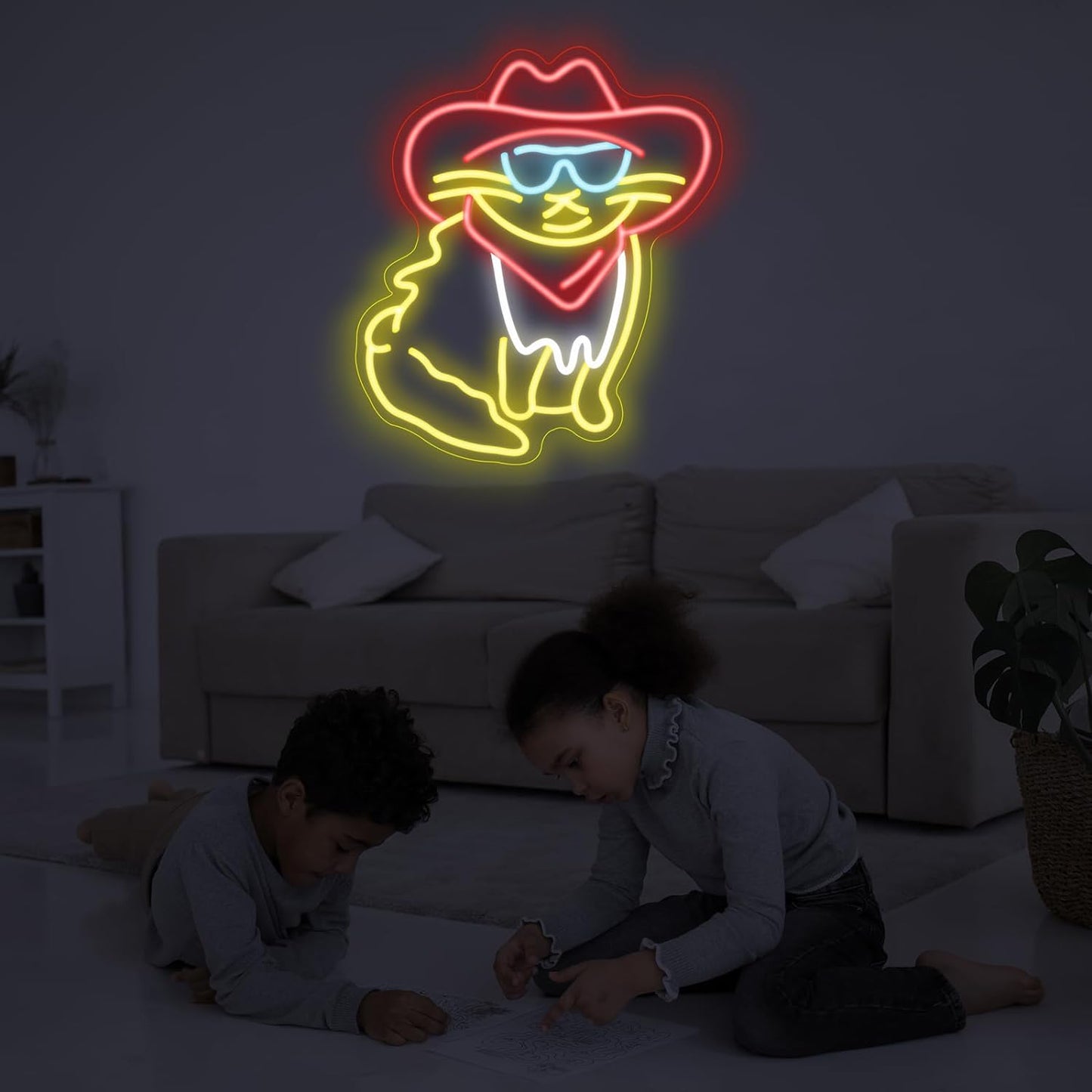 Cat Neon Sign for Wall Decor Cowboy Kit Led Neon Light for Kids Room Wedding Birthday Home Party Art Decor Gifts, Dimmable & Powered by USB, 15.7x11.8 inches