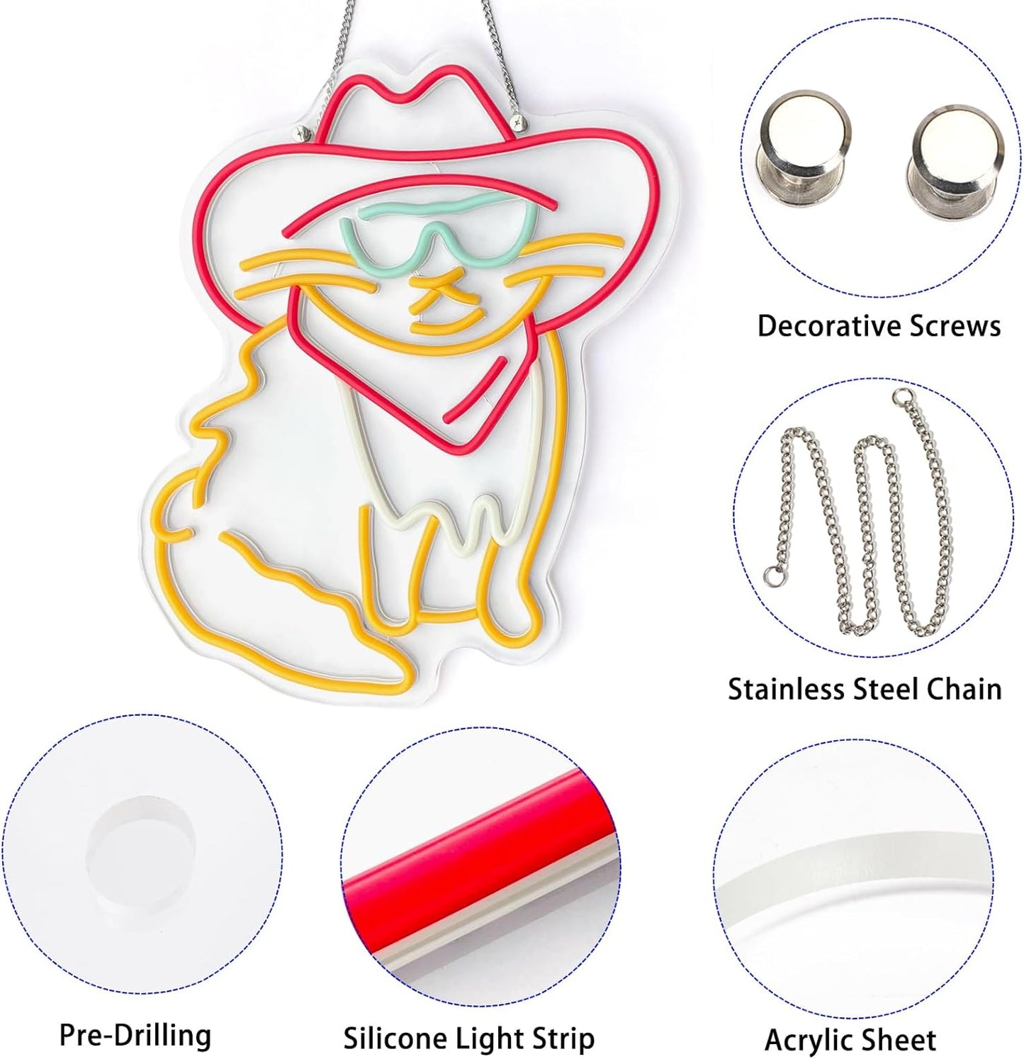 Cat Neon Sign for Wall Decor Cowboy Kit Led Neon Light for Kids Room Wedding Birthday Home Party Art Decor Gifts, Dimmable & Powered by USB, 15.7x11.8 inches