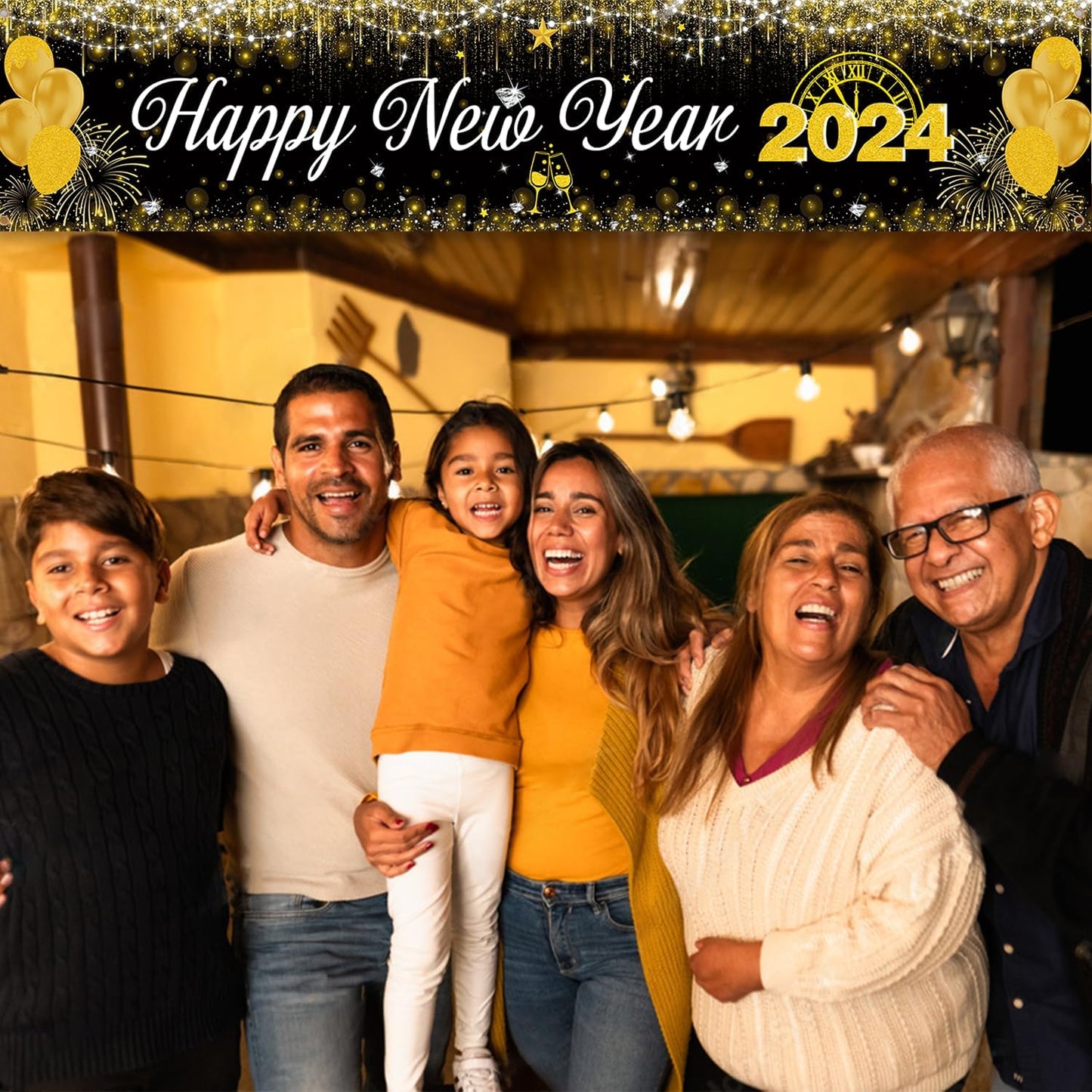 Happy New Year Banner 2024 New Year Decorations - Black and Gold Happy New Year Yard Sign Backdrop Hanging Decorations for Indoor Outdoor New Years Eve Party Supplies 2024(9.8x2ft)