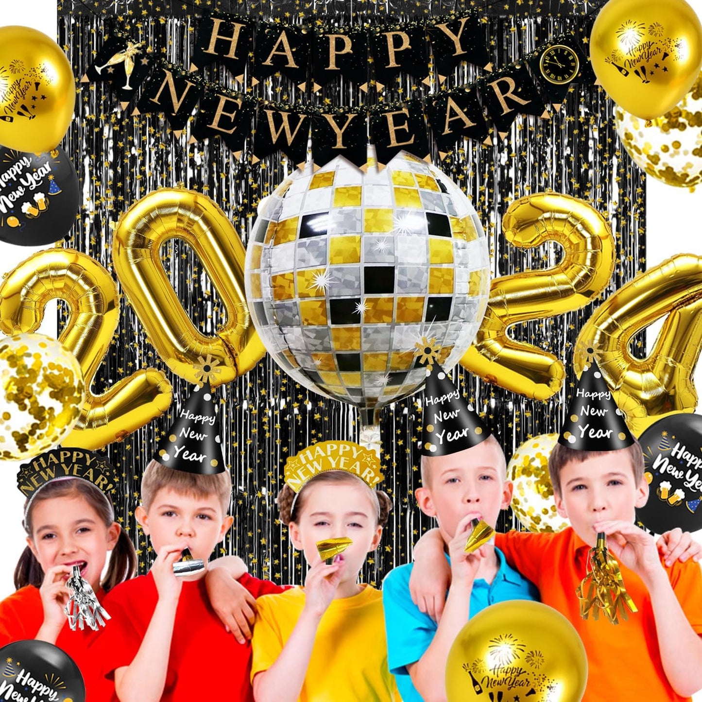 New Years Eve Party Supplies 2024 - Happy New Year Decorations Kit, Banner Cone Hats Tiaras 32'' Number Balloons Black Stars Foil Fringe Curtain Disco Ball Balloons Squawkers Blowouts