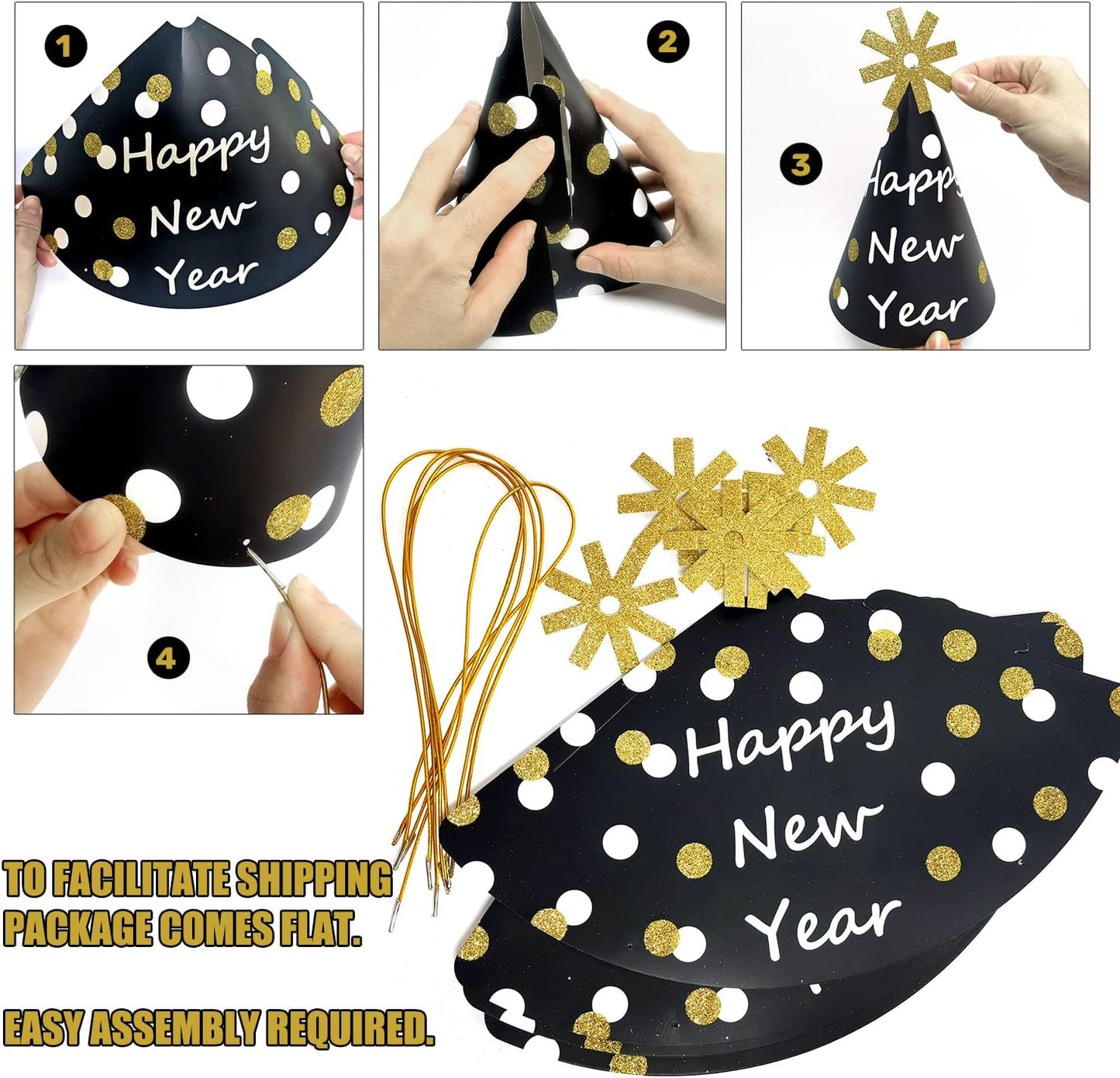 New Years Eve Party Supplies 2024 - Happy New Year Decorations Kit, Banner Cone Hats Tiaras 32'' Number Balloons Black Stars Foil Fringe Curtain Disco Ball Balloons Squawkers Blowouts