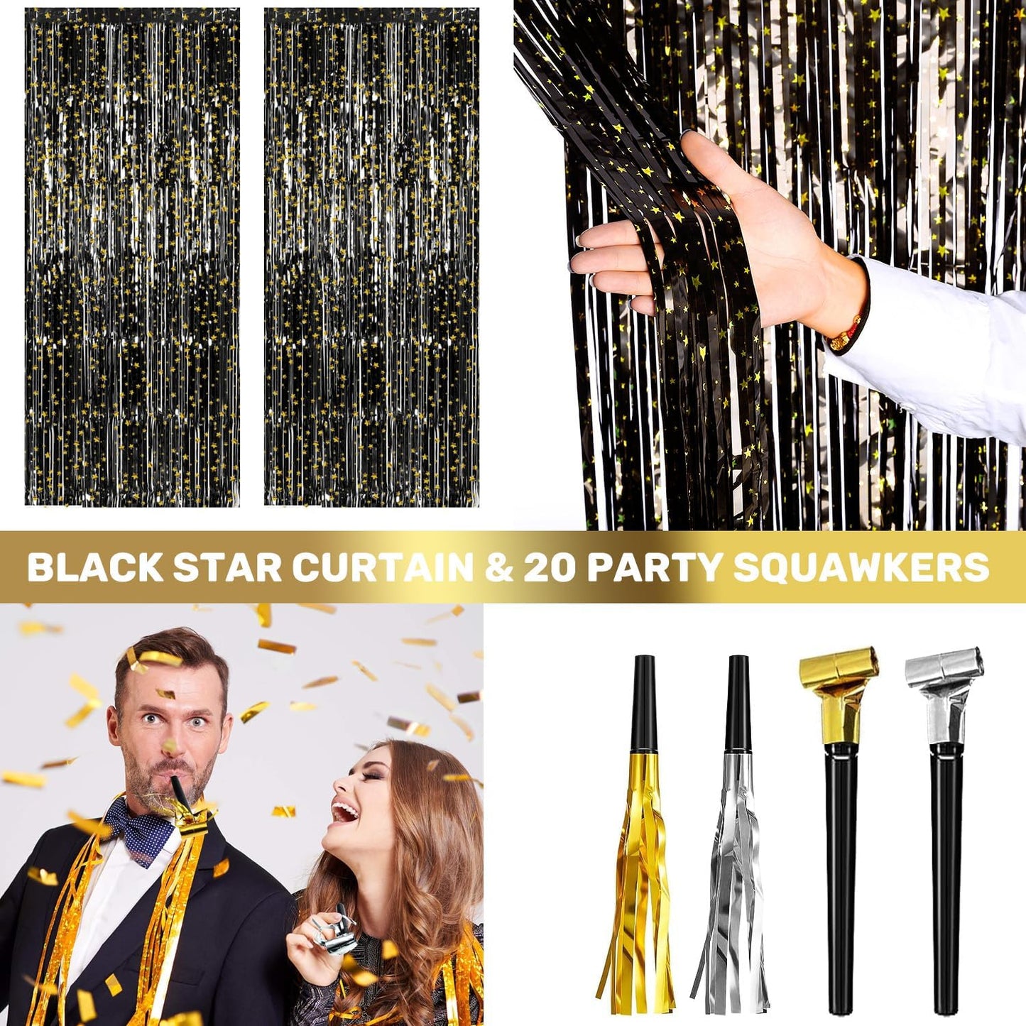 New Years Eve Party Supplies 2024 - Happy New Year Decorations Kit, Banner Cone Hats Tiaras 32'' Number Balloons Black Stars Foil Fringe Curtain Disco Ball Balloons Squawkers Blowouts
