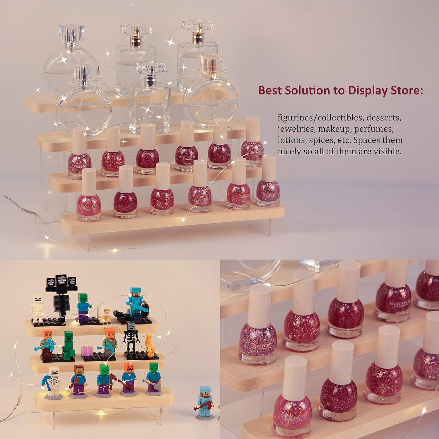 Figure Display Stand Acrylic Display Riser for Collectibles, Wood Tiered Display Shelf Organizer for Products (B-4Tier-11.8inch)