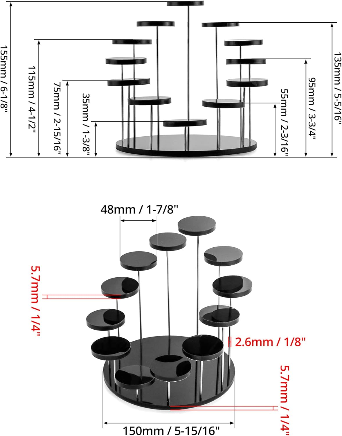 Round Acrylic Products Display Riser Stands, 12 Tier Jewelry Display Stands for Rings Earrings,Mini Figurines, Black