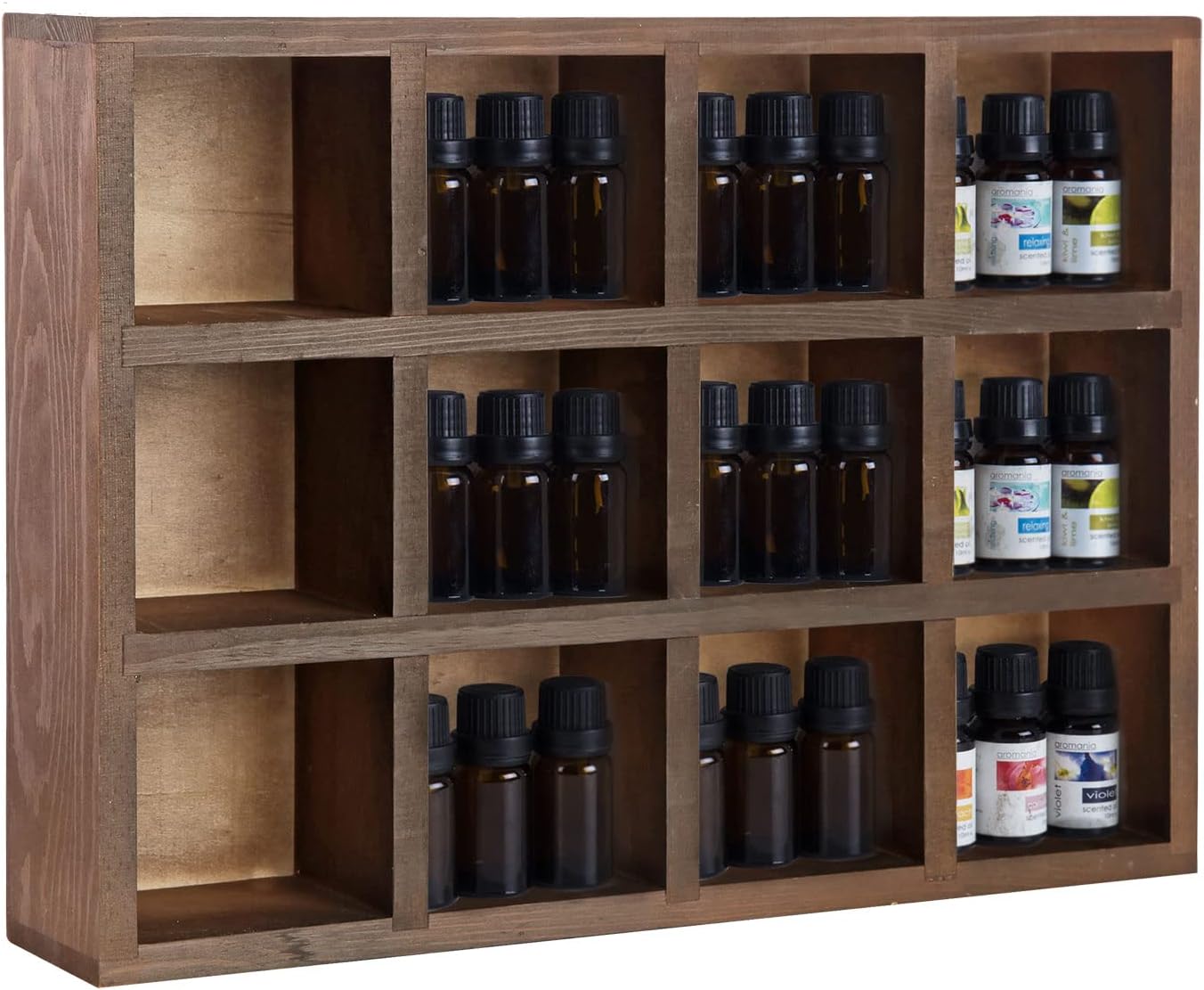 Brown Wood Hanging Shadow Box, Shot Glasses Display Case, Crystal Display Shelves, Collectibles Display Shelf, Freestanding or Wall Mounted Shelving Unit with 12 Compartments