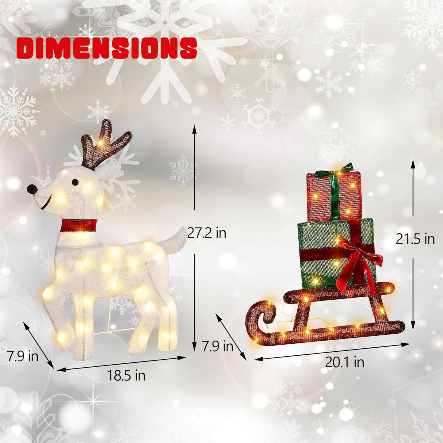 2D Christmas Yard Decoration, Set of 3 Pre-lit Reindeer with 60 LEDs Warm White Lighted Holiday Displays