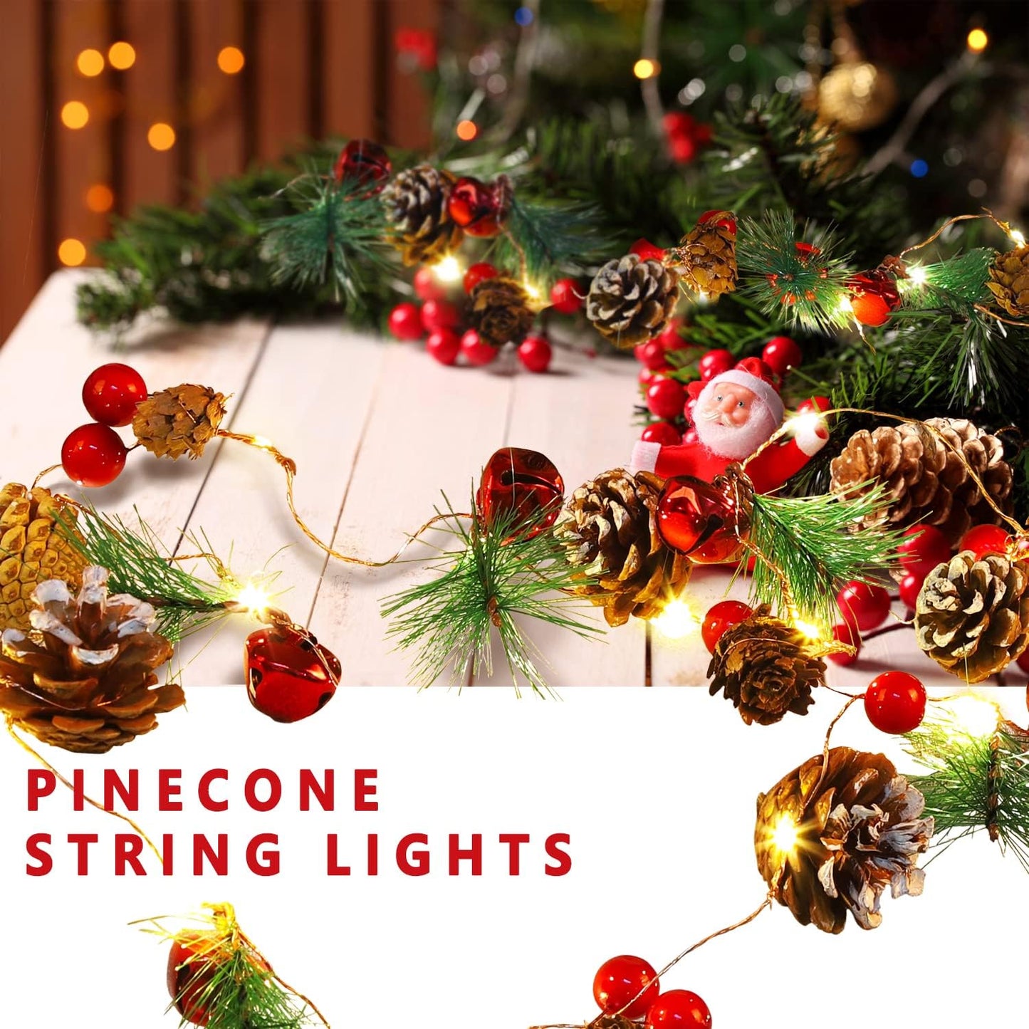 Christmas Garland with Lights,Red Berry Pine 10 Ft 30 LED Pine Cone,led Garland String  for Home Fireplace Mantel Xmas