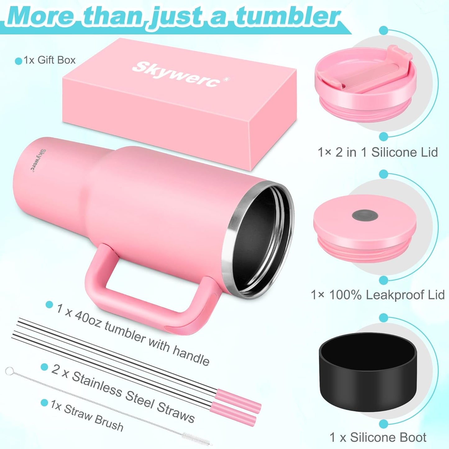 40 oz Tumbler with Handle and Straw, 2 Lids (2 in 1 & LeakProof Lid) - Vacuum Insulated Stainless Steel Tumbler - Double Wall Water Bottle Travel Coffee Mug - Holiday Gifts for Women Men - Light Green