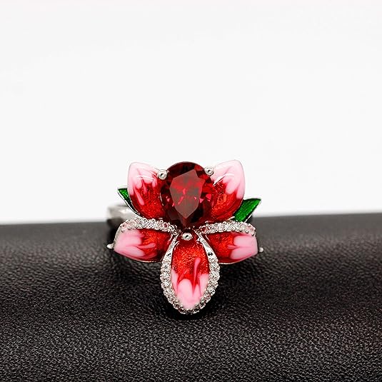 Girl's Beautiful Red Enamel Rose Ring for Women Blossom Flower