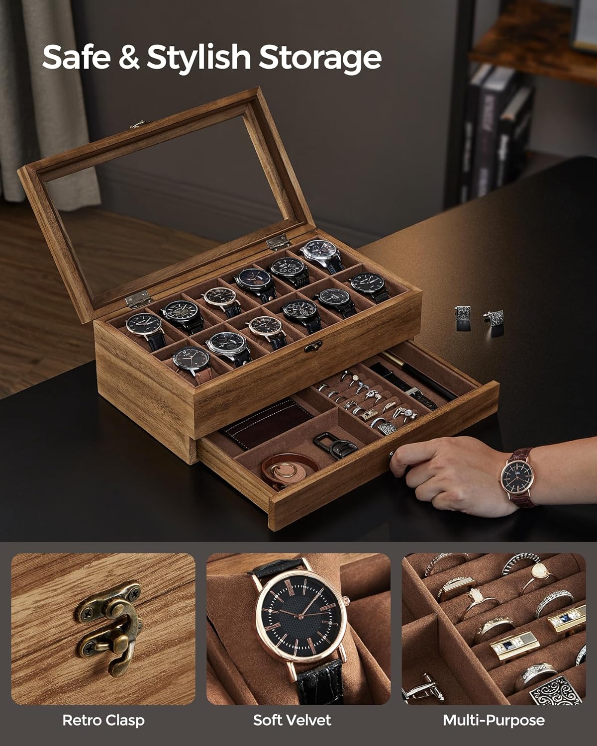 12-Slot Watch Box, 2-Tier Watch Display Case with Large Glass Lid, Removable Watch Pillows, Velvet Lining, Jewelry Box, Gift Idea, Rustic Walnut UJOW012K01