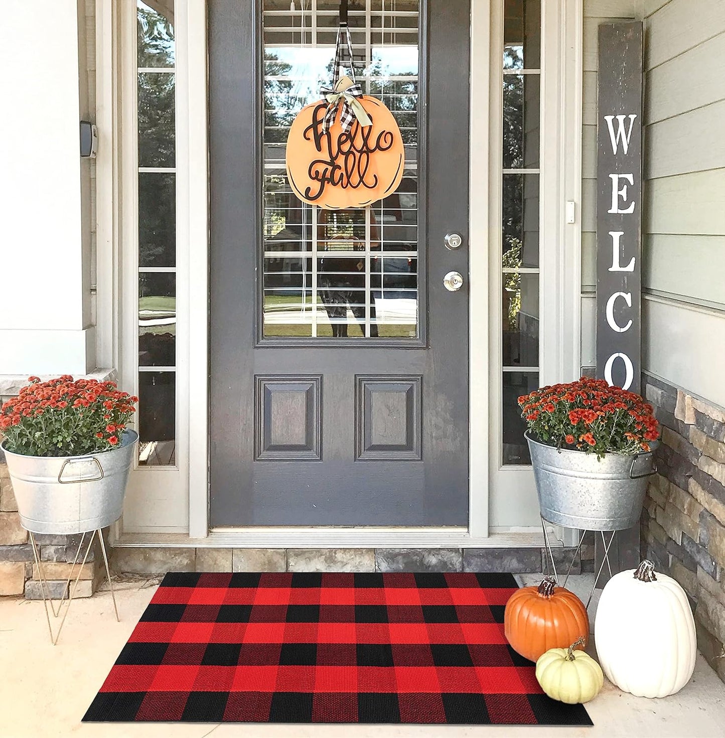 Buffalo Plaid Rug 27.5x43 Inches Red and Black Checkered Rug Christmas Halloween Fall Door Mat Woven Cotton Washable Area Rugs Door Mat Outdoor Entrance for Front Porch Entryway