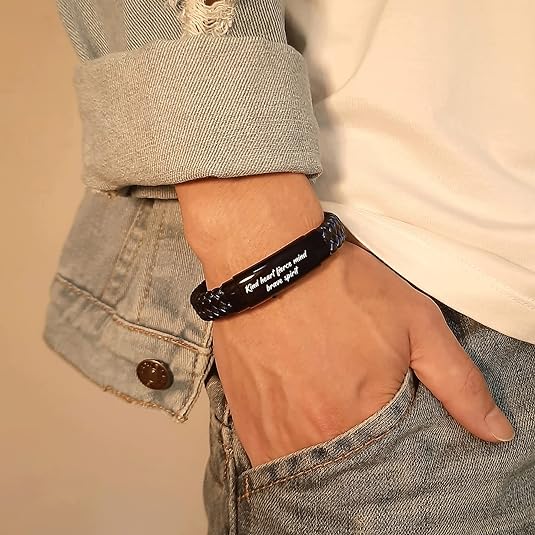 Men's Inspirational Mantra Engarved Handmade Blue Braided Leather Adjustable Cuff Bangle Bracelet Encouragement Motivational Gift for Men