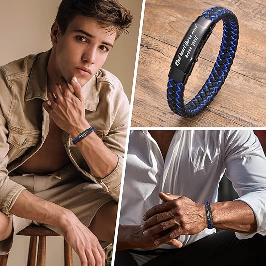 Men's Inspirational Mantra Engarved Handmade Blue Braided Leather Adjustable Cuff Bangle Bracelet Encouragement Motivational Gift for Men