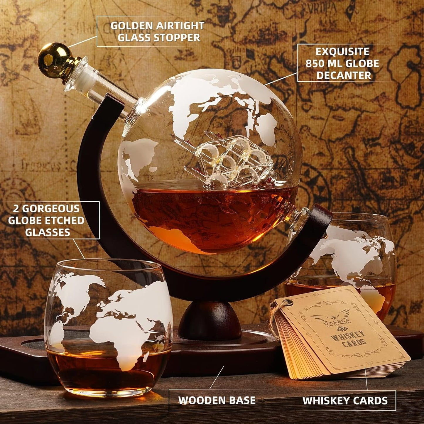 Gifts for Men Dad Husband from Daughter Son Wife Christmas, Anniversary Birthday Gift for Him, Globe Decanter Set with 2 Glasses, Bourbon Cool Stuff