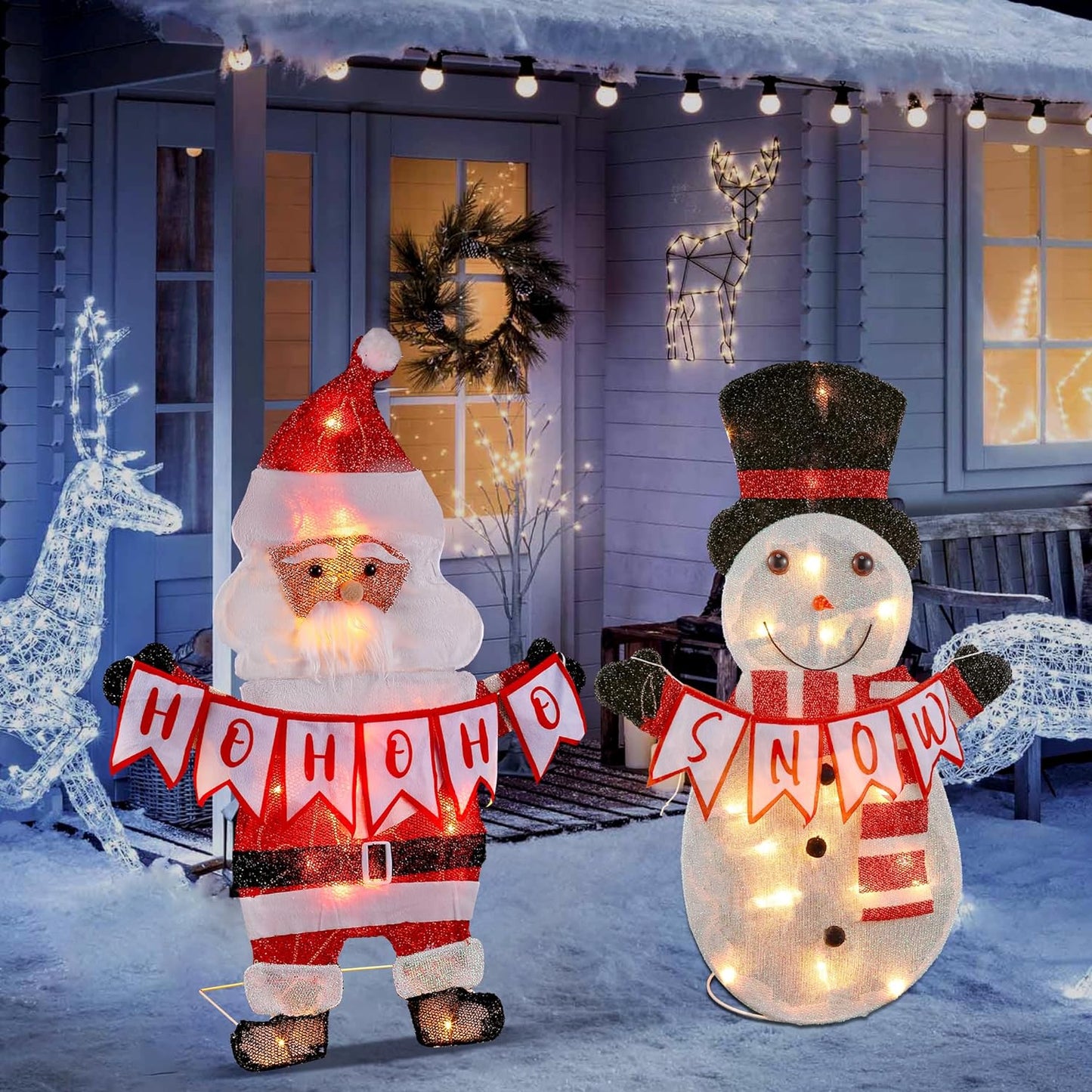 Light Up Santa Claus Snowman Decoration, 2.3Ft Collapsible Christmas Snowman Santa with 5W Bright Bulbs Plug-in Power, Pre-Lit Snowman Santa Claus Gnome(Classic Style,2 Pack)
