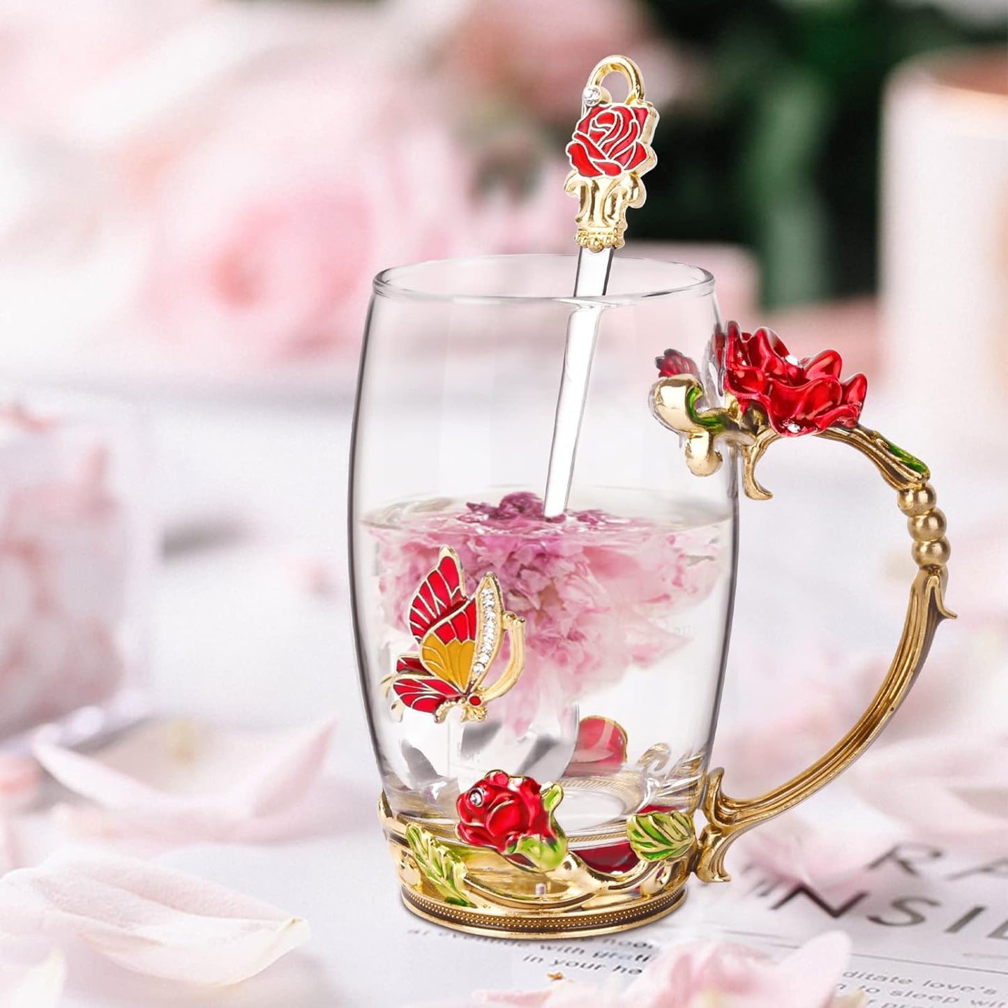 Gifts for Women Mom Mothers Valentines Day Tea Cup Best Birthday Butterfly Rose Gifts for Her from Daughter Son Glass Coffee Christmas Enamels Mug Lead-Free with Spoon Set