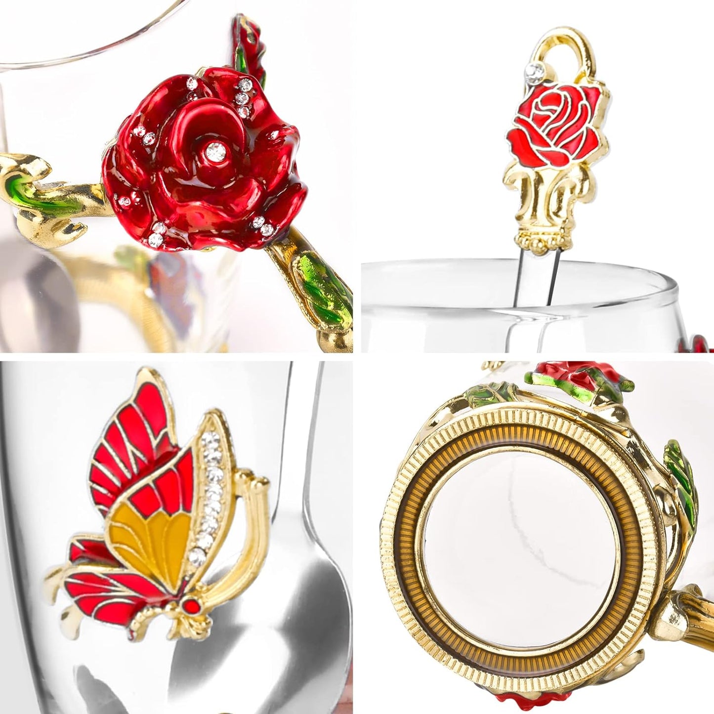 Gifts for Women Mom Mothers Valentines Day Tea Cup Best Birthday Butterfly Rose Gifts for Her from Daughter Son Glass Coffee Christmas Enamels Mug Lead-Free with Spoon Set