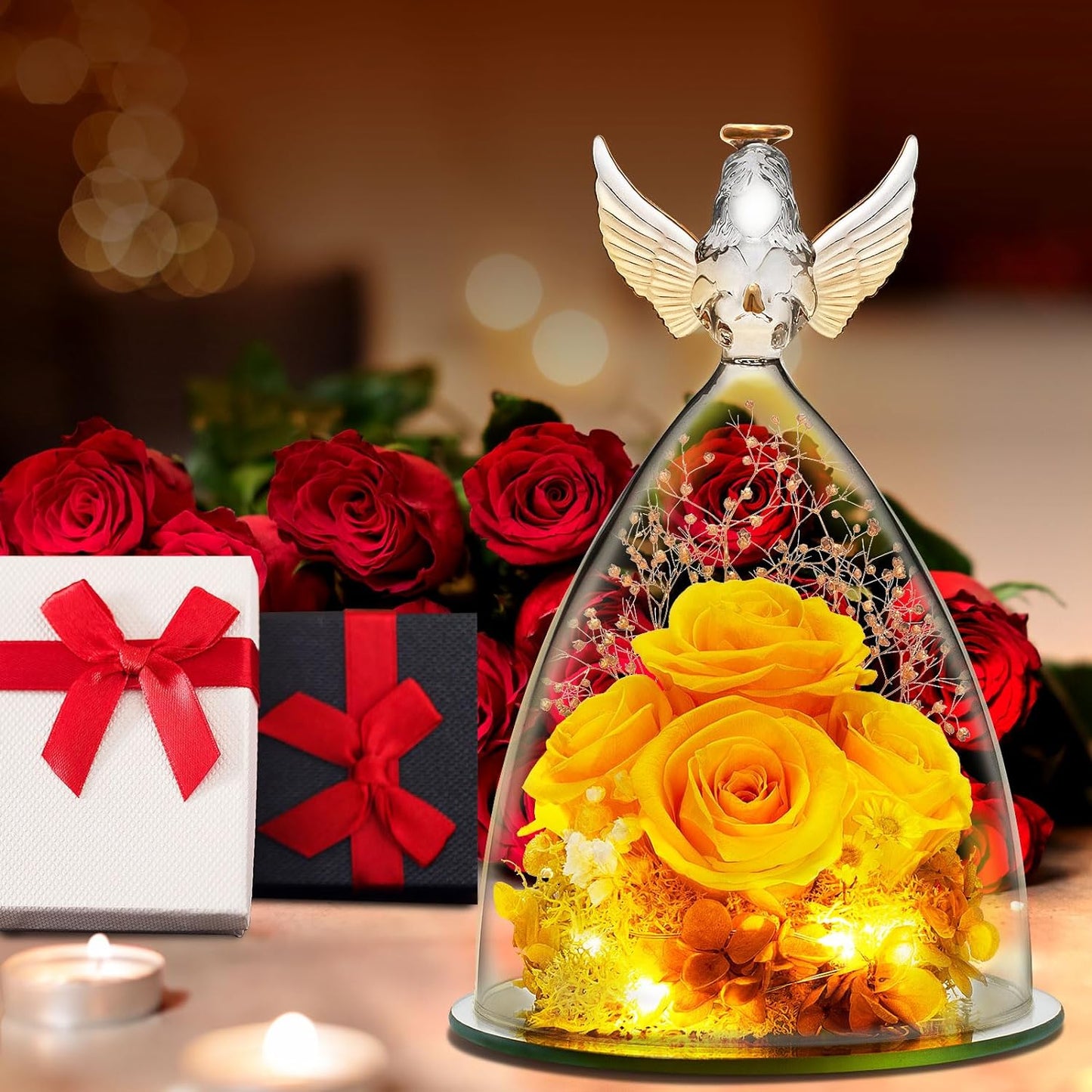 Birthday Gifts for Women, Preserved Flowers Rose Gift for Mom Wife Girlfriend, Glass Angel Figurines with LED Light, Forever Rose for Mothers, Valentines, Anniversary, Christmas Day Gift