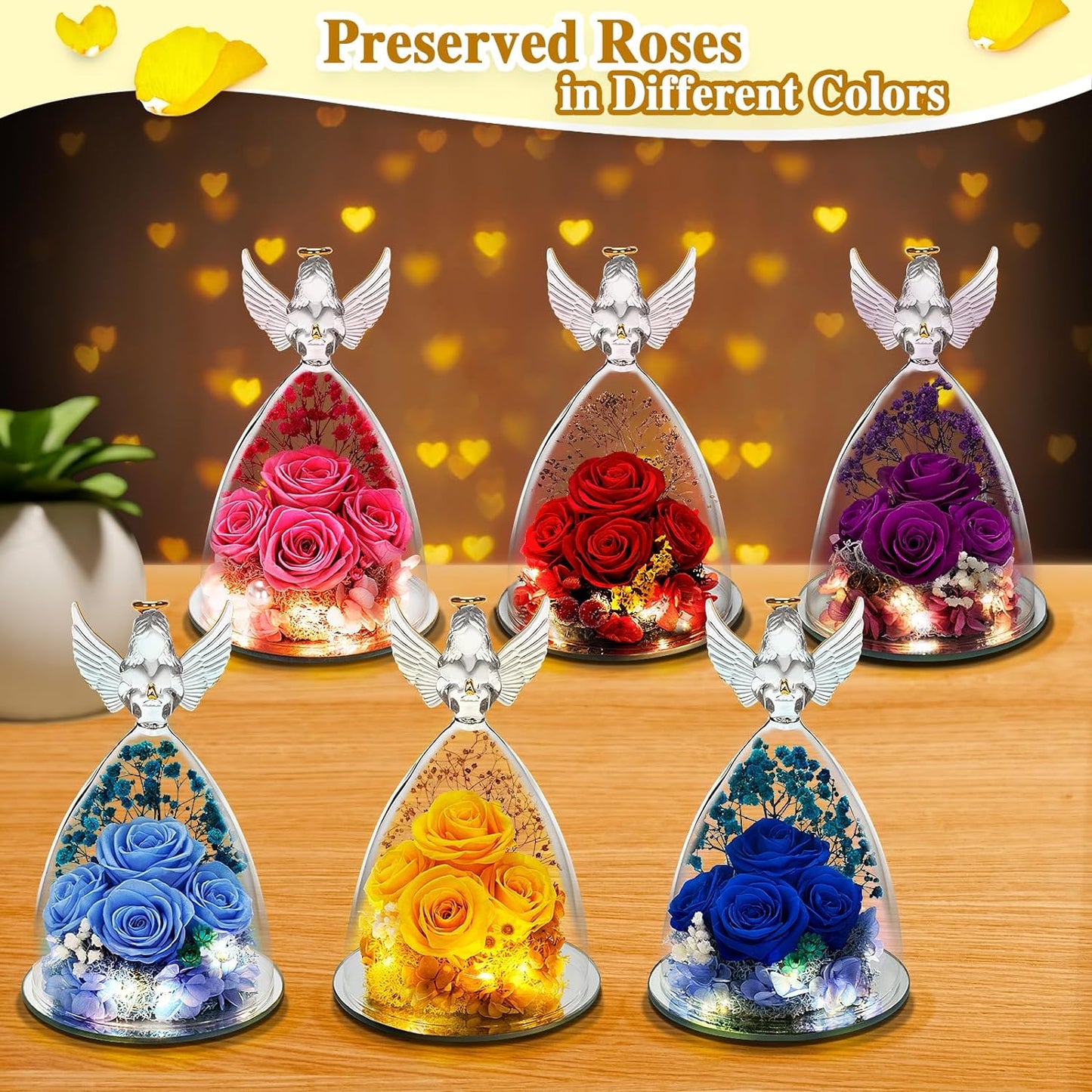 Birthday Gifts for Women, Preserved Flowers Rose Gift for Mom Wife Girlfriend, Glass Angel Figurines with LED Light, Forever Rose for Mothers, Valentines, Anniversary, Christmas Day Gift