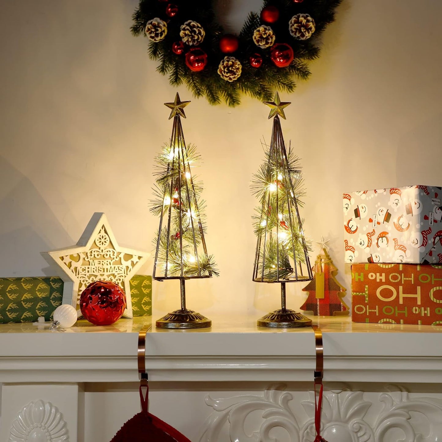 Christmas Table Decorations, 2 Pack Lighted Xmas Tree with Golden Star, Battery Operated with LED Lights, Light Up Tabletop Xmas Tree for Holiday Party Desk Home