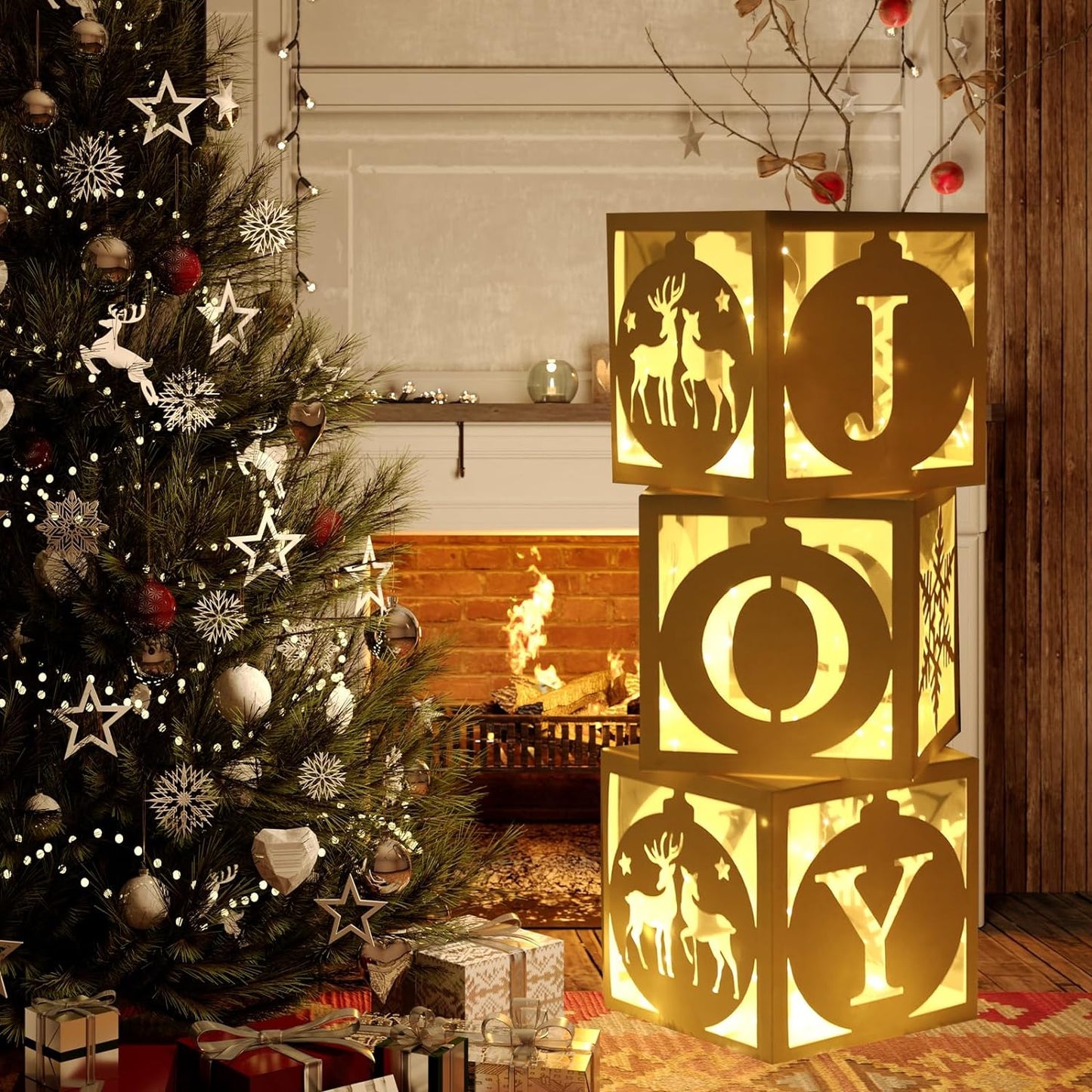Light Up Christmas Decorations Indoor - 3pcs White Hollow-Out Paper Joy Boxes with Warm Light String, Holiday Fireplace