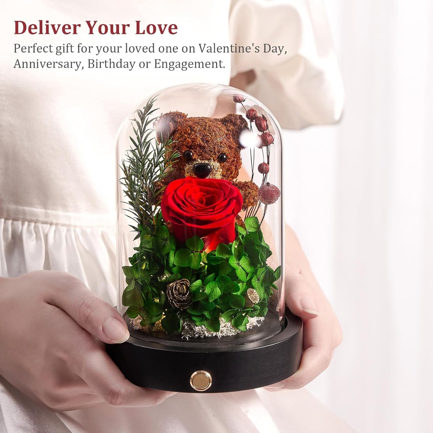 Forever Flowers Gifts for Women Preserved Roses Bear with Mood Light Gifts for Girlfriend Wife Mother Valentines Day Mothers Day Christmas Birthday (Red Rose, Green Hydrangea)