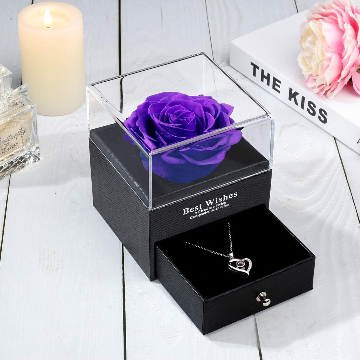 Wedding Gifts, Anniversary Preserved Real Rose Gift with Heart Necklace Gift Set, Handmade Eternal Real Purple Rose Gifts for Mom/Wife/Her