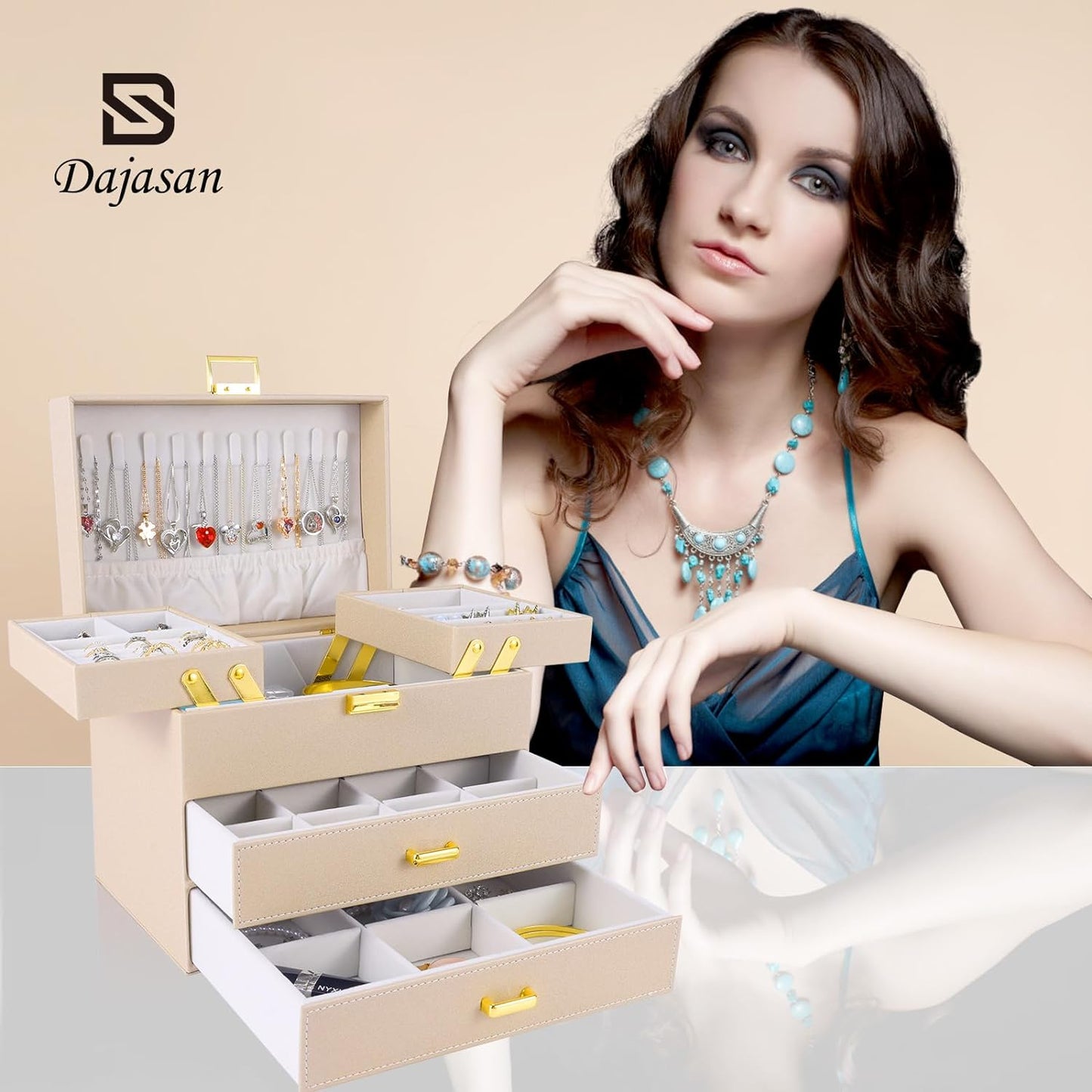 Jewelry Organizer Box, Jewelry Holder Organizer Box, PU Leather Jewelry Box, Gift Idea for Valentine's Day, Birthday, Mother's Day, Christmas (Champagne)