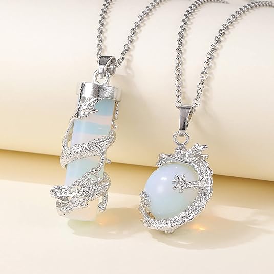 2pcs Dragon Wrapped Round Ball Cylinder Gemstone Healing Crystal Stone Dragon Pendant Necklaces Jewelry Set for Men Women