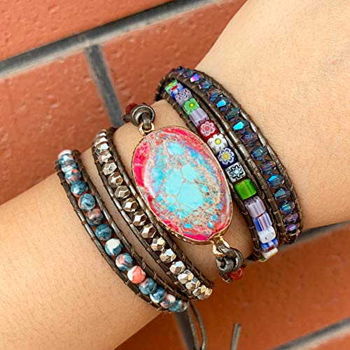 Handmade Boho Natural Stone Wrap Bracelets Turquoises Crystal Beads Bracelet Jewelry