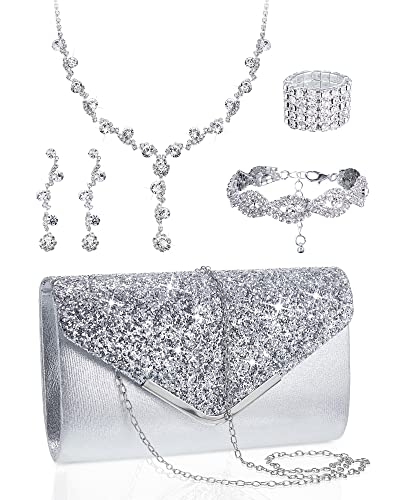 5 Pcs Purse Rhinestone Jewelry Set Rhinestone Clutch Purse Wedding Bride Prom Jewelry Necklace Earrings