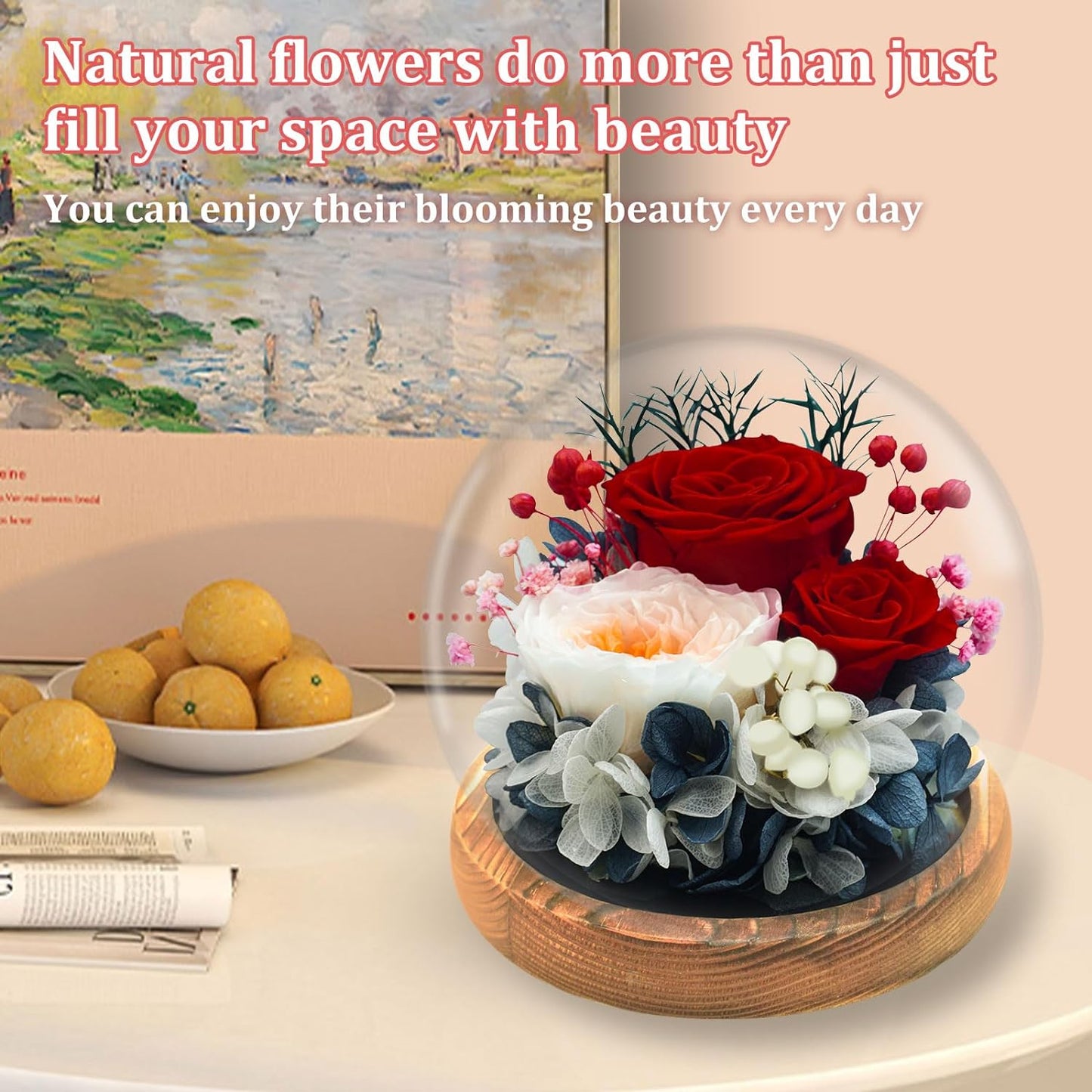 Preserved Flower Rose Gifts for Women, Valentines Day Gifts for Her, Real Rose in Glass Dome with LED Light, Birthday Gifts for Women Girlfriend Grandma Wife Anniversary, Mom Gifts from Daughter Son