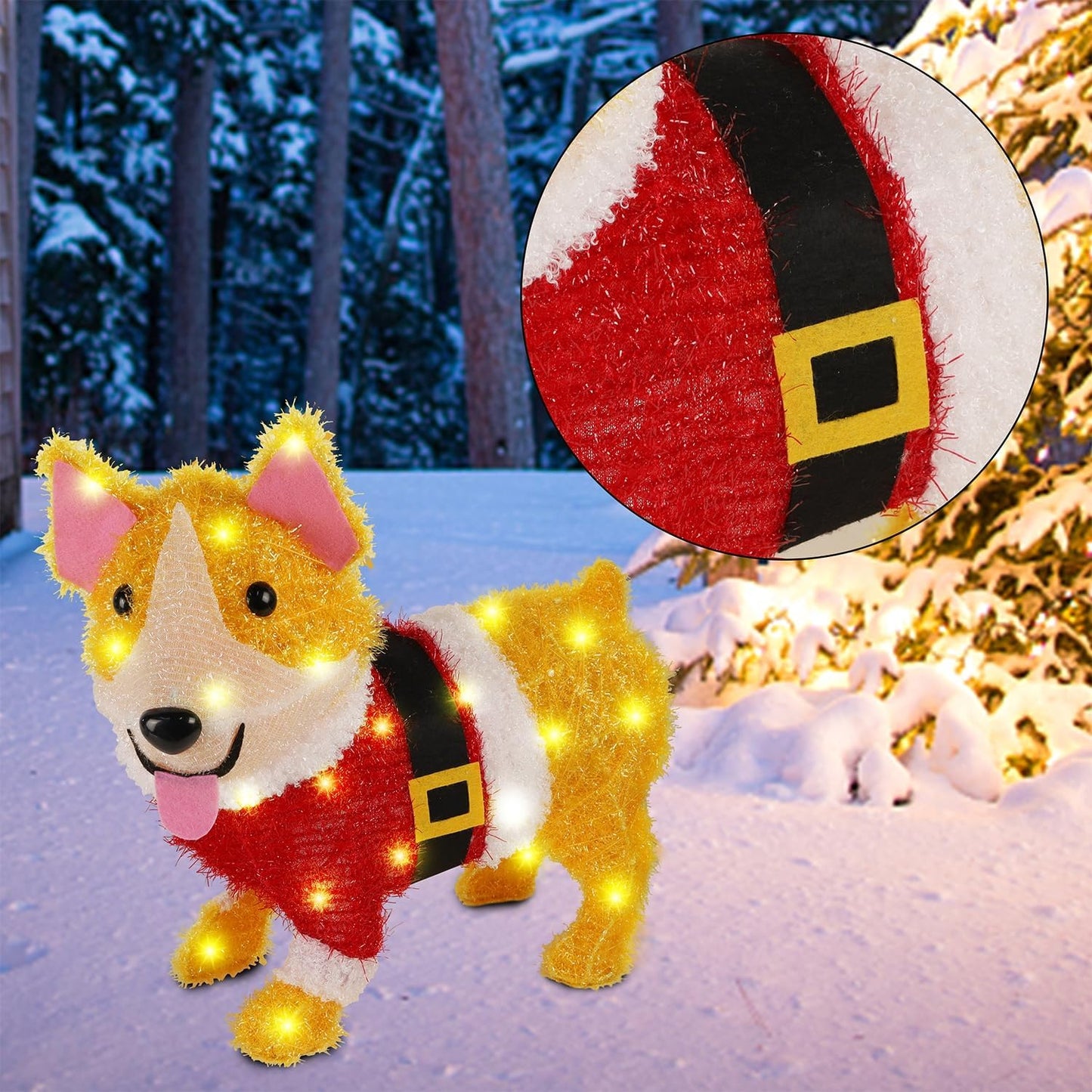 Christmas Outdoor Decoration Lighted Dog, 17 Inch Height Pre-Lit 3D Tinsel Cute Puppy   Holiday Decor with Clear Lights, Light Up & Plug