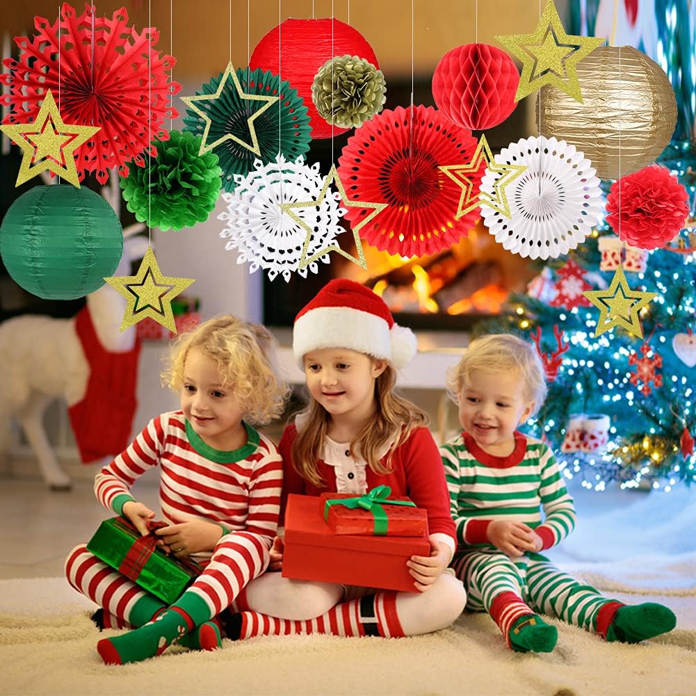 Christmas Party Decorations, Christmas Paper Lanterns Gold Star Pendant Hanging Snowflakes Paper Fan Pom Poms Flowers Honeycomb Ball