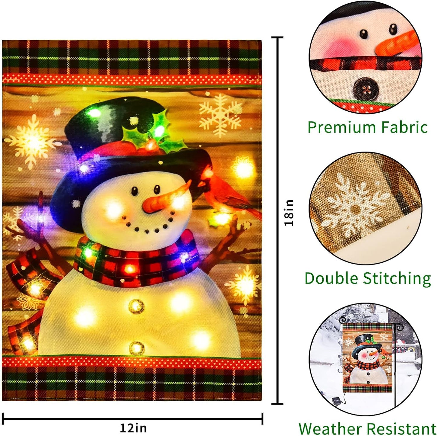 Lighted Winter Garden Flag for Outside, Led Snowman Garden Flag, Winter Yard Flag Winter Garden flags 12x18 double sided for Outdoor Yard Garden Lawn Decoration