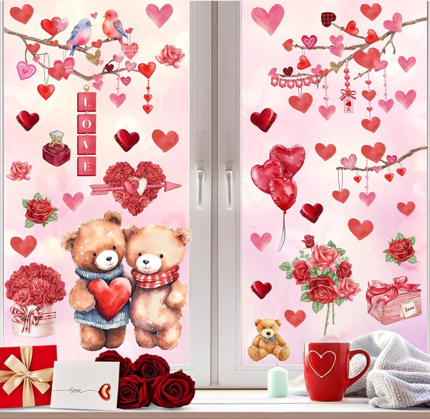 Valentine's Day Wall Decals Love Heart Wall Stickers Couple Bear Rose Decals Peel and Stick Love Tree Branch Stickers Happy Valentines Window Decals for Bedroom Anniversary Party Supplies Spring Decor