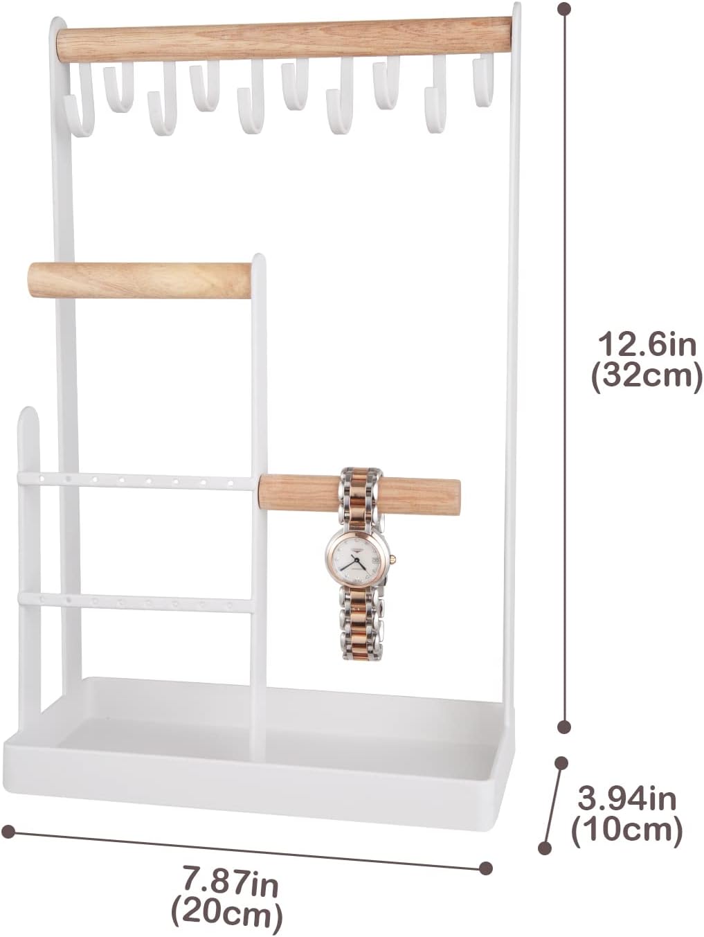 Jewelry Organizer Stand Necklace Holder, 4-Tier Tower Rack with Earring Tray, 10 Hooks Necklaces Hanging Small Jewelry Display Storage Tree for Bracelets Rings Watches
